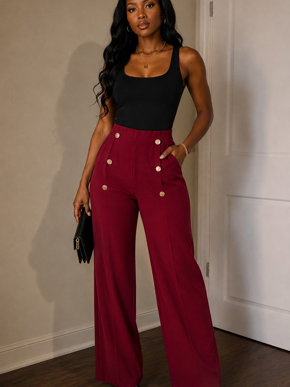 High-Waist Wide-Leg Sailor Pants in Burgundy